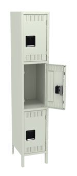 A tall, three-tiered metal storage locker with a light gray finish. The middle door is open, revealing an empty compartment. Each door has a rectangular handle and ventilation slots near the edges. The locker stands on four legs.