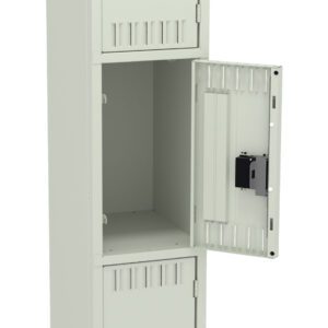 A tall, three-tiered metal storage locker with a light gray finish. The middle door is open, revealing an empty compartment. Each door has a rectangular handle and ventilation slots near the edges. The locker stands on four legs.