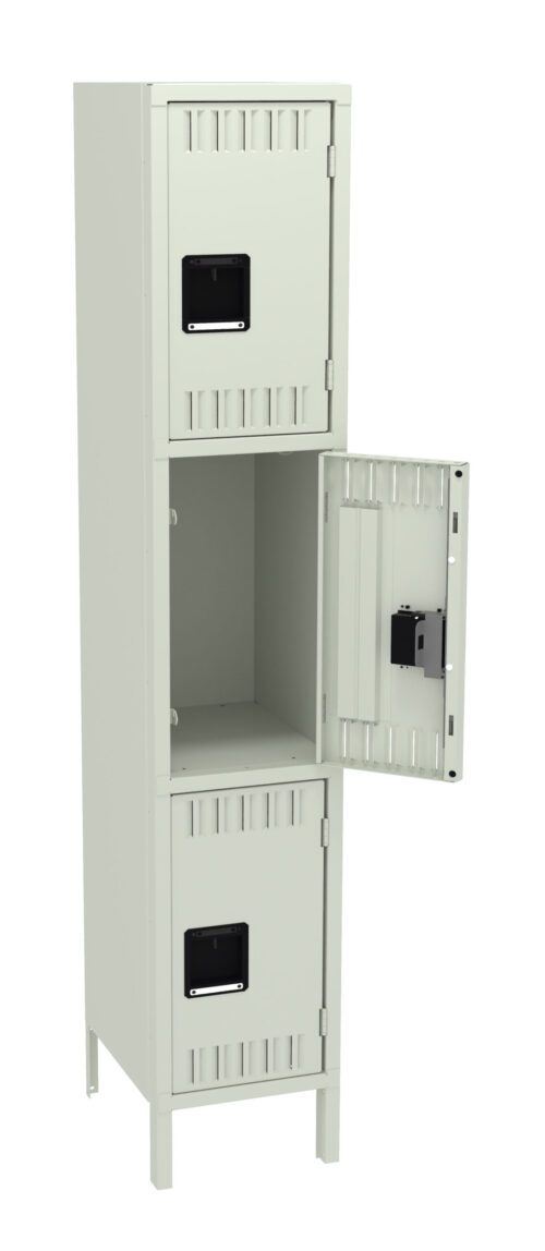 A tall, three-tiered metal storage locker with a light gray finish. The middle door is open, revealing an empty compartment. Each door has a rectangular handle and ventilation slots near the edges. The locker stands on four legs.