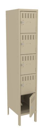 A tall, beige locker unit with four compartments, each with a vented door. The bottom compartment door is slightly ajar, revealing an empty interior. The locker stands on four short legs.