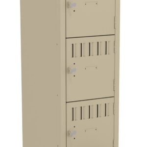 A tall, beige locker unit with four compartments, each with a vented door. The bottom compartment door is slightly ajar, revealing an empty interior. The locker stands on four short legs.