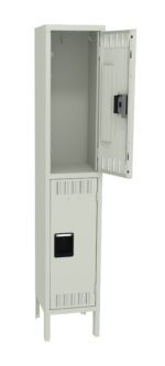 A tall, light gray metal locker with two sections. The top door is open, revealing an empty compartment, while the bottom door is closed. Each door has ventilation slits and an inset handle. The locker stands on four legs.