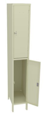 A beige metal locker with two compartments is shown. The top compartment door is closed, while the bottom door is open, revealing an empty space inside. The locker is freestanding on four legs.