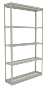 A metal shelving unit with five adjustable shelves, featuring a perforated design on the sides and shelves. The structure is painted in a light gray color, and the unit is empty, standing against a white background.