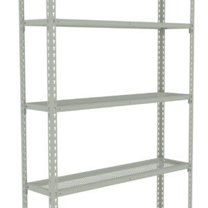 A metal shelving unit with five adjustable shelves, featuring a perforated design on the sides and shelves. The structure is painted in a light gray color, and the unit is empty, standing against a white background.