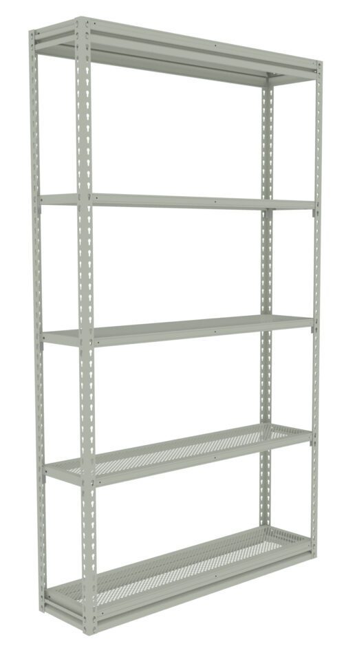 A metal shelving unit with five adjustable shelves, featuring a perforated design on the sides and shelves. The structure is painted in a light gray color, and the unit is empty, standing against a white background.