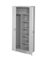 Tall, gray metal storage cabinet with two doors, one slightly open. Inside, the cabinet has multiple shelves on the right side and an open space with a hanging rod on the left. Two lockable handles are visible on the doors.