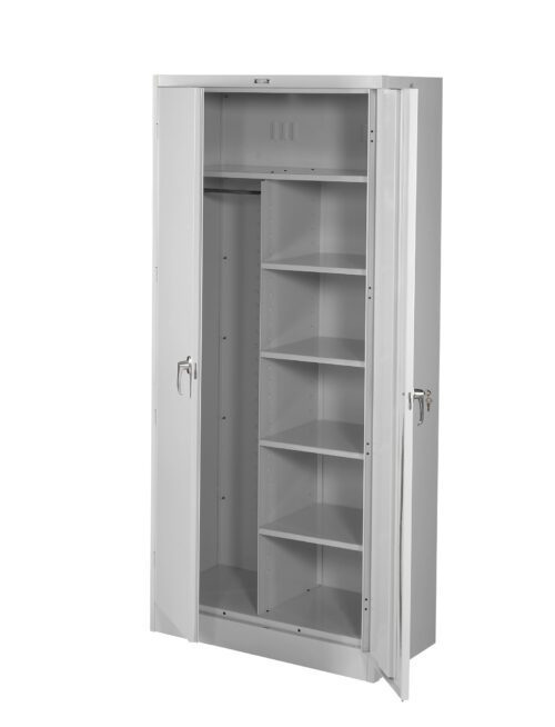 Tall, gray metal storage cabinet with two doors, one slightly open. Inside, the cabinet has multiple shelves on the right side and an open space with a hanging rod on the left. Two lockable handles are visible on the doors.