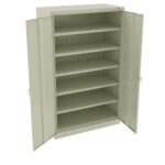 A beige, metal storage cabinet with two open doors revealing five adjustable shelves. The cabinet is empty, showcasing its capacity for organization.