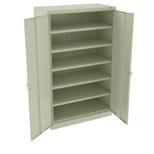 A beige, metal storage cabinet with two open doors revealing five adjustable shelves. The cabinet is empty, showcasing its capacity for organization.