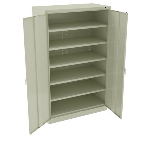 iiu5e0lahquokoevqgjg.jpg A beige, metal storage cabinet with two open doors revealing five adjustable shelves. The cabinet is empty, showcasing its capacity for organization.
