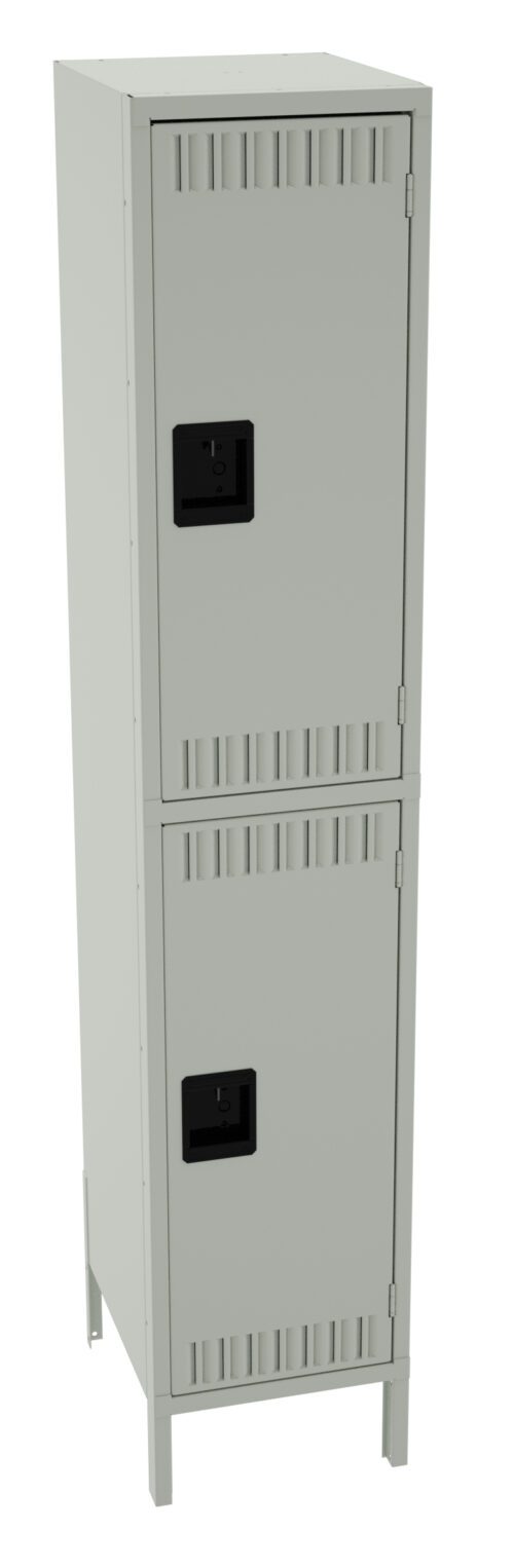 A tall, gray metal locker standing upright with two compartments, each equipped with a black handle. The locker features vented details on the door and stands on four legs.