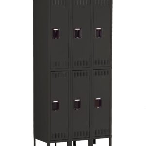 A six-door metal locker unit with a dark gray finish stands upright. The lockers are arranged in two columns and three rows, each featuring vents and padlock-ready handles. The unit is elevated on four sturdy legs.