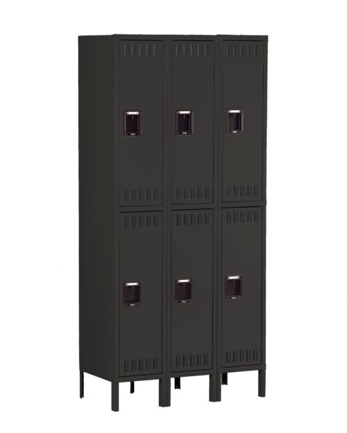 ij5xwjifleeydybfpj3s.jpg A six-door metal locker unit with a dark gray finish stands upright. The lockers are arranged in two columns and three rows, each featuring vents and padlock-ready handles. The unit is elevated on four sturdy legs.