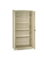 A beige metal storage cabinet with open double doors, featuring five adjustable shelves. The cabinet is empty and set against a plain white background.