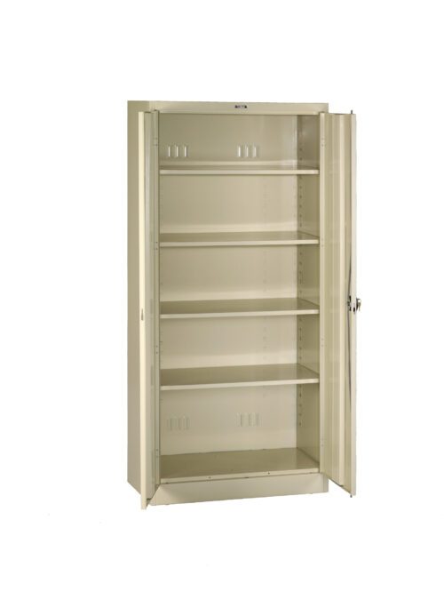 ijaxqz4ccq96nc5sgpxl.jpg A beige metal storage cabinet with open double doors, featuring five adjustable shelves. The cabinet is empty and set against a plain white background.
