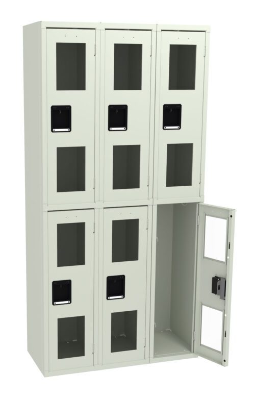 ijccjjm71ltlseonilz7.jpg A metal cabinet with six compartments, each featuring a transparent window and a black handle. The bottom right compartment door is open, revealing the empty interior. The cabinet is light gray.