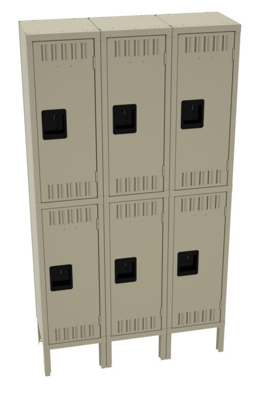 ijezdrfkggdaefuclwfq.jpg A beige six-compartment locker unit with black handles, arranged in two rows and three columns. Each locker has ventilation slits at the top and bottom. The unit stands on short legs.
