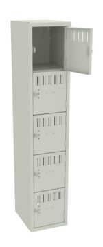 Tall gray metal locker with five compartments. The top compartment is open, revealing an empty interior. Each compartment has air vents and a small handle. The locker stands upright against a white background.