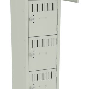 Tall gray metal locker with five compartments. The top compartment is open, revealing an empty interior. Each compartment has air vents and a small handle. The locker stands upright against a white background.