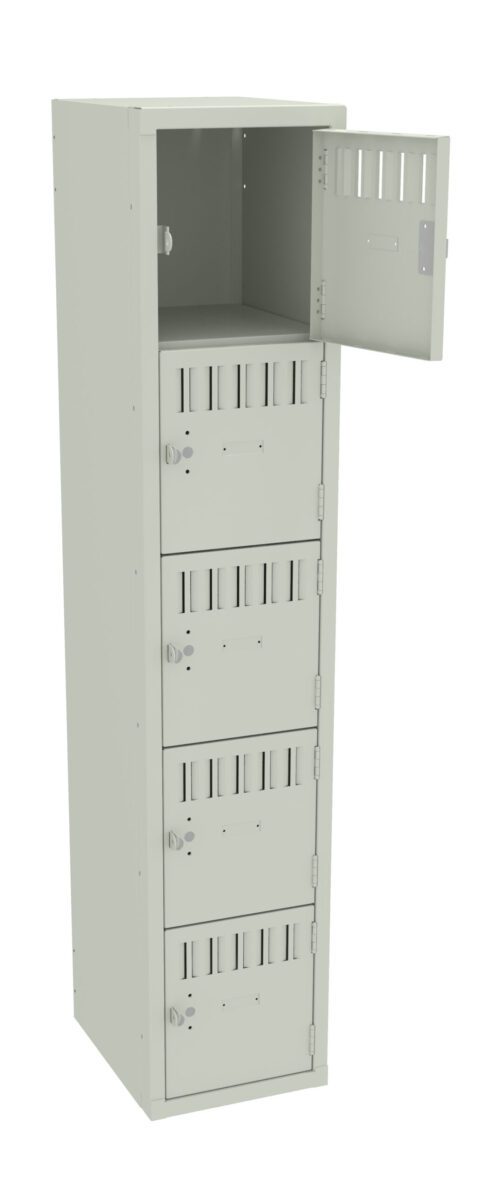Tall gray metal locker with five compartments. The top compartment is open, revealing an empty interior. Each compartment has air vents and a small handle. The locker stands upright against a white background.