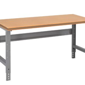 A sturdy workbench with a wooden top and adjustable metal legs. The design is simple and industrial, with a clean rectangular surface and a support bar between the legs for stability. The legs have multiple holes for height adjustment.