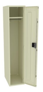 A beige metal locker with an open door, revealing an empty interior. Inside, there is a single shelf and a hook for hanging items. The locker has a lock mechanism on the outside of the door.