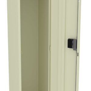 A beige metal locker with an open door, revealing an empty interior. Inside, there is a single shelf and a hook for hanging items. The locker has a lock mechanism on the outside of the door.