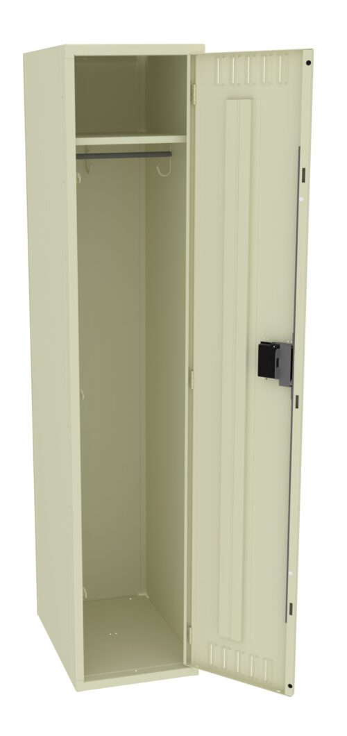 A beige metal locker with an open door, revealing an empty interior. Inside, there is a single shelf and a hook for hanging items. The locker has a lock mechanism on the outside of the door.