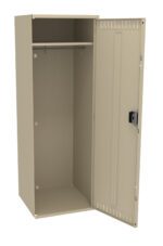 A beige metal locker with one open door. Inside, there’s a shelf and a hanging rod. The locker has a vented design and a lock mechanism on the door.