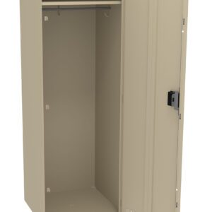 A beige metal locker with one open door. Inside, there’s a shelf and a hanging rod. The locker has a vented design and a lock mechanism on the door.