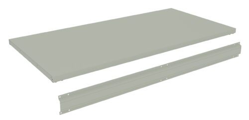 A 3D rendering of two light gray, rectangular metal shelf components. One is flat and wide, resembling a shelf board, and the other is a narrow side rail with holes for assembly. Both are shown against a white background.