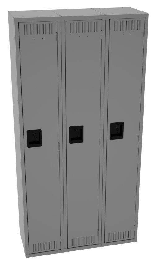 Three gray metal lockers standing side by side. Each locker features a black handle and ventilation slits near the top and bottom. The lockers are closed, and the floor is not visible.