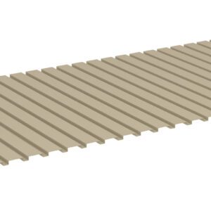 A tan-colored corrugated metal roofing panel with evenly spaced ridges is shown against a white background. The panel is rectangular and appears to be made of a lightweight material.