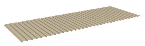 il6vw8dad3mo1s95tpvx.jpg A tan-colored corrugated metal roofing panel with evenly spaced ridges is shown against a white background. The panel is rectangular and appears to be made of a lightweight material.