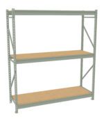 A metal shelving unit with three wooden shelves. The frame is gray and the shelves are light brown, designed for storage or organizational purposes. The unit has a simple, open design.