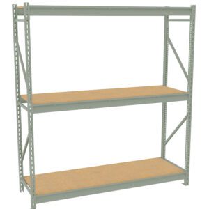 A metal shelving unit with three wooden shelves. The frame is gray and the shelves are light brown, designed for storage or organizational purposes. The unit has a simple, open design.