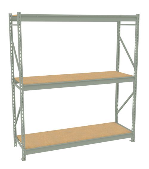 A metal shelving unit with three wooden shelves. The frame is gray and the shelves are light brown, designed for storage or organizational purposes. The unit has a simple, open design.