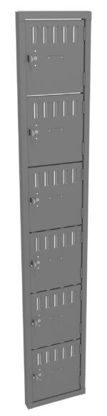 Tall gray locker unit with six lockers stacked vertically. Each locker has a vented door, handle, and keyhole. Suitable for secure storage in schools, gyms, or workplaces.