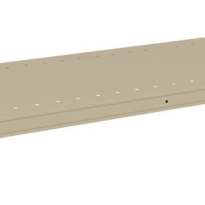 A beige metal shelf with small holes along its length, supported by gray brackets on each end. The shelf is positioned horizontally against a plain white background.