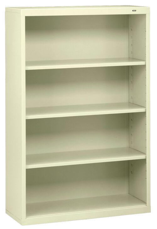 imdhttbnnfa17pbejida.jpg A simple, light-colored, four-shelf metal bookcase, empty and standing against a white background.