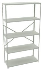 A gray metal shelving unit with five adjustable shelves and a cross-bracing for stability. The shelves are evenly spaced and unused, resting on a white background.