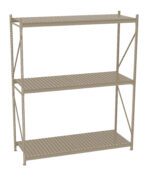 A three-tier beige metal storage rack with slatted shelves and side support bars. Each shelf is evenly spaced, designed for organizing or storing various items. The structure is open and industrial in style.