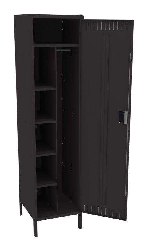 A tall, black metal locker with one door open. The inside reveals a vertical rod for hanging clothes on the left and five shelves on the right for storage. The door has a vented design and a locking mechanism.