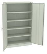 A light gray metal storage cabinet with two open doors revealing five adjustable shelves. The cabinet is empty and has a simple, industrial design, suitable for organizing office or workshop supplies.