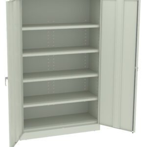 A light gray metal storage cabinet with two open doors revealing five adjustable shelves. The cabinet is empty and has a simple, industrial design, suitable for organizing office or workshop supplies.