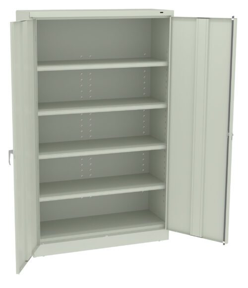 imubhtkf0ztknbfmvswp.jpg A light gray metal storage cabinet with two open doors revealing five adjustable shelves. The cabinet is empty and has a simple, industrial design, suitable for organizing office or workshop supplies.