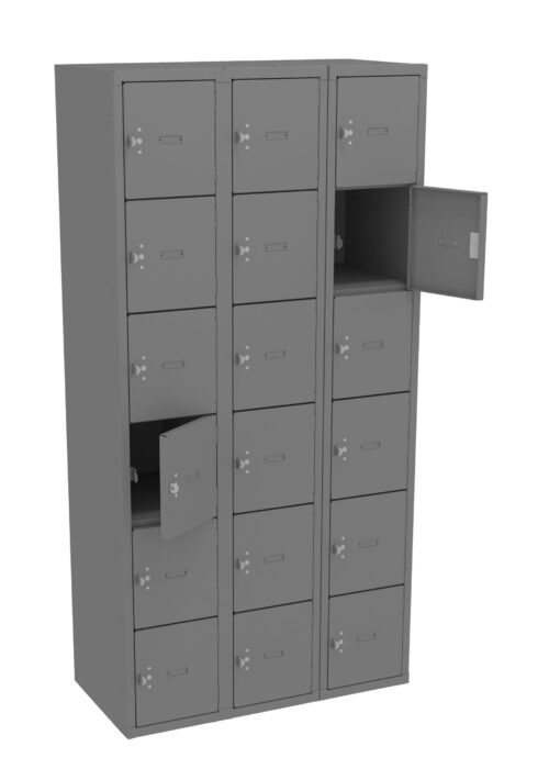 A gray metal locker unit with three vertical columns and multiple compartments, each secured with a key slot. Two compartments are open, revealing empty spaces inside. The locker is set against a plain white background.