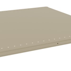 Angle view of a beige, flat rectangular metal shelf with perforations along the edges. It has small supporting brackets on the corners, designed for installation in a shelving unit. The shelf is unadorned and minimalistic.