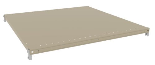 Angle view of a beige, flat rectangular metal shelf with perforations along the edges. It has small supporting brackets on the corners, designed for installation in a shelving unit. The shelf is unadorned and minimalistic.